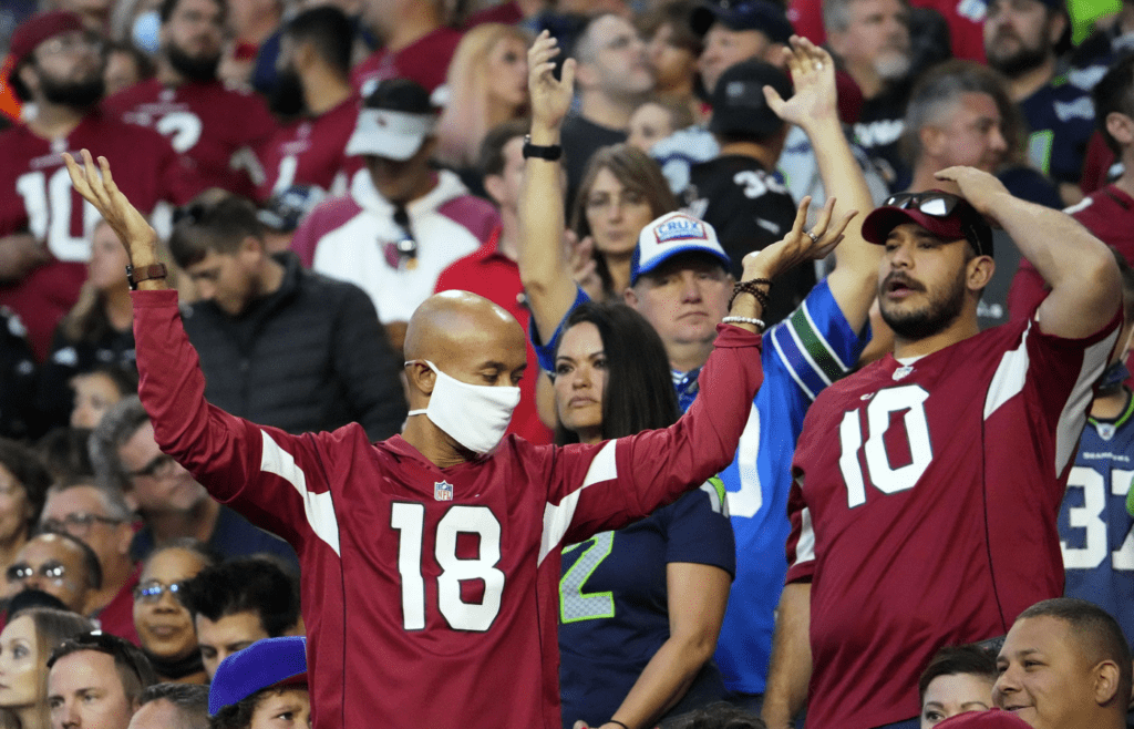 Arizona Cardinals fans react during their loss to the Seattle Seahawks at State Farm Stadium