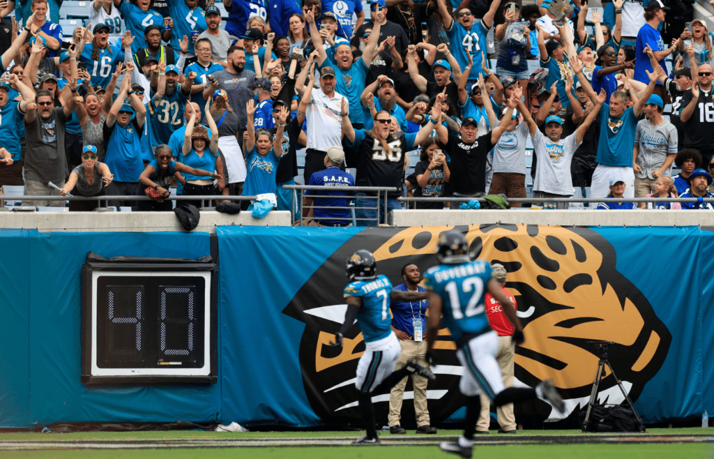 Jacksonville Jaguars fans erupt in the north end zone as wide receiver Brian Thomas Jr. (7) scores a touchdown during the second quarter of an NFL football matchup Sunday, Oct. 6, 2024 at EverBank Stadium in Jacksonville, Fla.