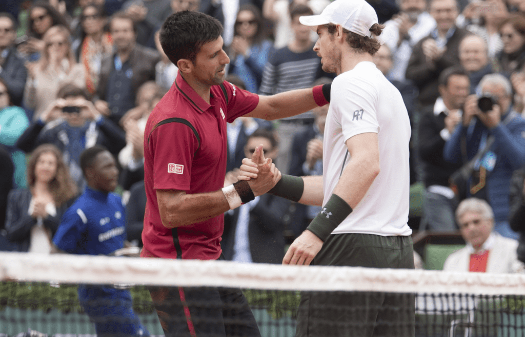 Novak Djokovic (SRB) and Andy Murray (GBR) at the net after their match on day 15 of the 2016 French Open