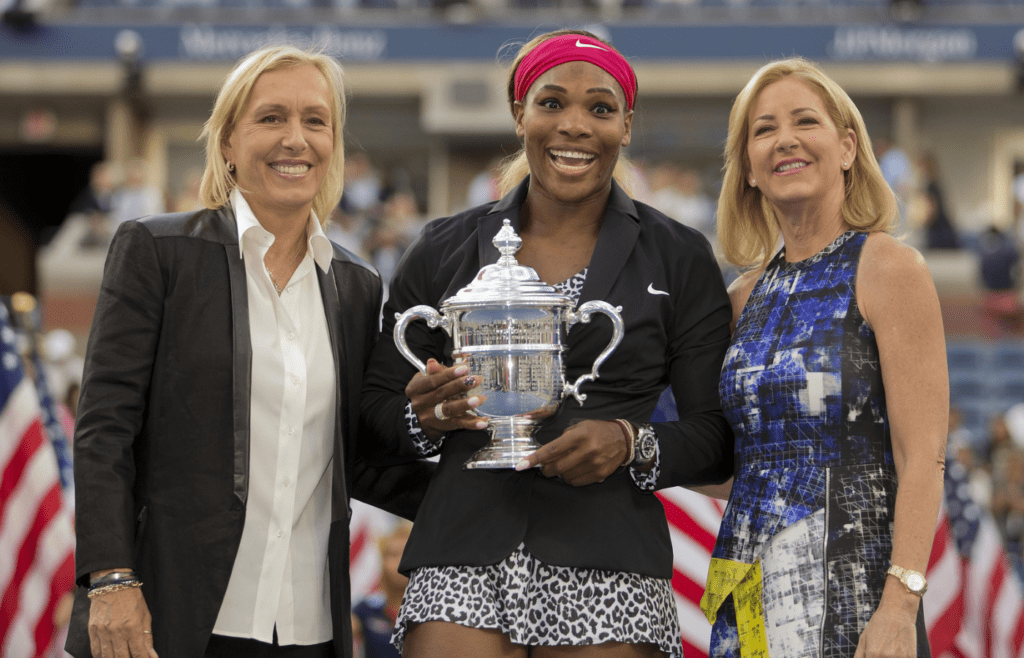 Serena Williams (USA)with Martina Navratilova (left) and Chris Evert (right) at the trophy presentation after recording match point against Caroline Wozniacki (DEN) in the women's singles final of the 2014 U.S. Open tennis tournament at USTA Billie Jean King National Tennis Center