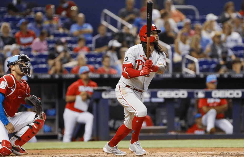 Philadelphia Phillies shortstop Freddy Galvis (8) hits a home run during the fourth inning against the Miami Marlins at loanDepot Park