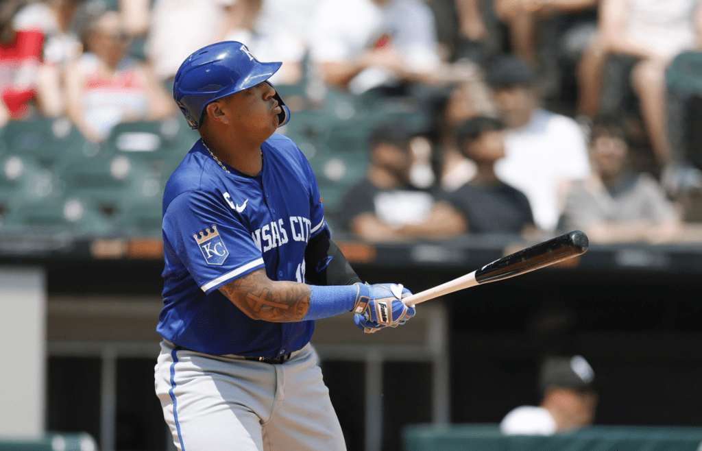 Kansas City Royals catcher Salvador Perez (13) hits a two-run home run against the Chicago White Sox during the fourth inning at Rate Field
