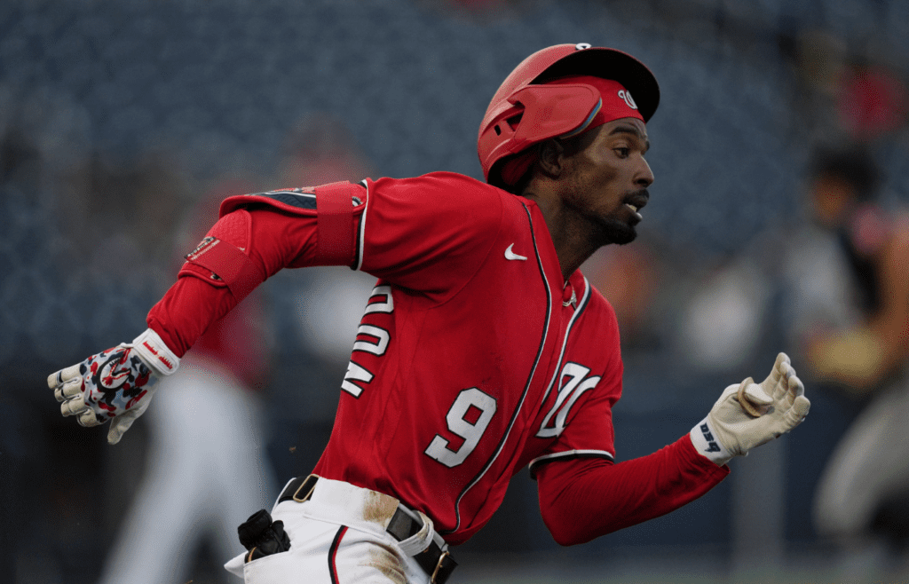 Washington Nationals left fielder Dee Strange-Gordon (9) runs the bases on a double in the 2nd inning of the spring training game against the Houston Astros at The Ballpark of the Palm Beaches