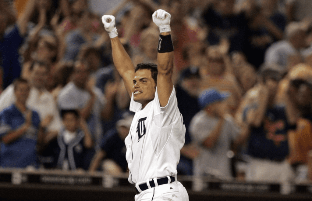Detroit Tigers' Ivan Rodriguez celebrates after hitting a walk-off two-run home run in the bottom of the ninth inning against the Cleveland Indians at Comerica Park in downtown Detroit on Friday, Aug. 4, 2006. The Tigers won, 4-3.