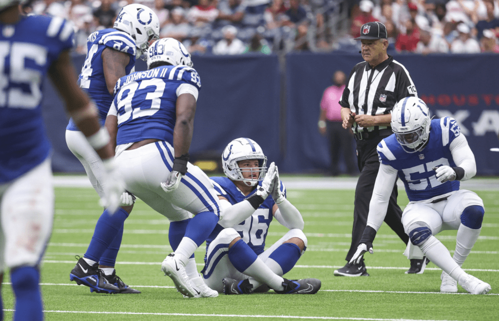 Sep 17, 2023; Houston, Texas, USA; Indianapolis Colts defensive tackle Taven Bryan (96) reacts after a play during the third quarter against the Houston Texans at NRG Stadium. Mandatory Credit: Troy Taormina-Imagn Images
