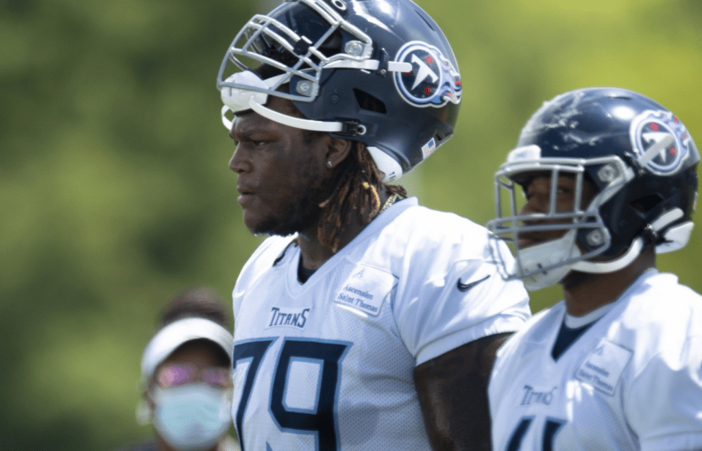 Aug 23, 2020; Nashville, Tennessee, USA; Tennessee Titans tackle Isaiah Wilson (79) waits for the next drill during a training camp practice at Saint Thomas Sports Park. George Walker IV/ The Tennessean via USA TODAY NETWORK