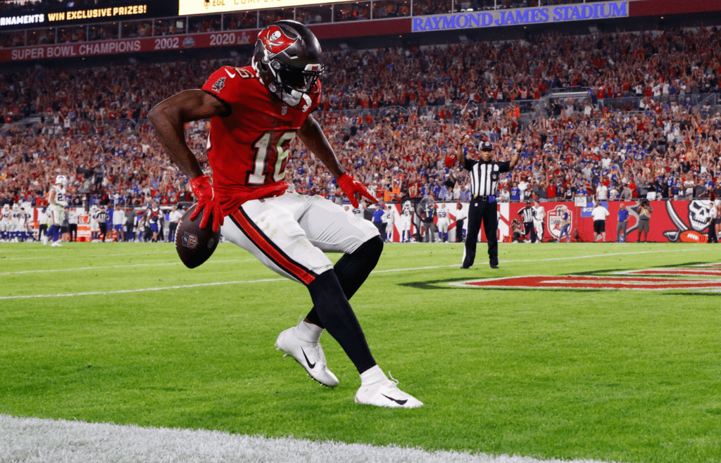 Dec 12, 2021; Tampa, Florida, USA; Tampa Bay Buccaneers wide receiver Breshad Perriman (16) celebrates after scoring a touchdown in overtime against the Buffalo Billsat Raymond James Stadium. Mandatory Credit: Nathan Ray Seebeck-Imagn Images