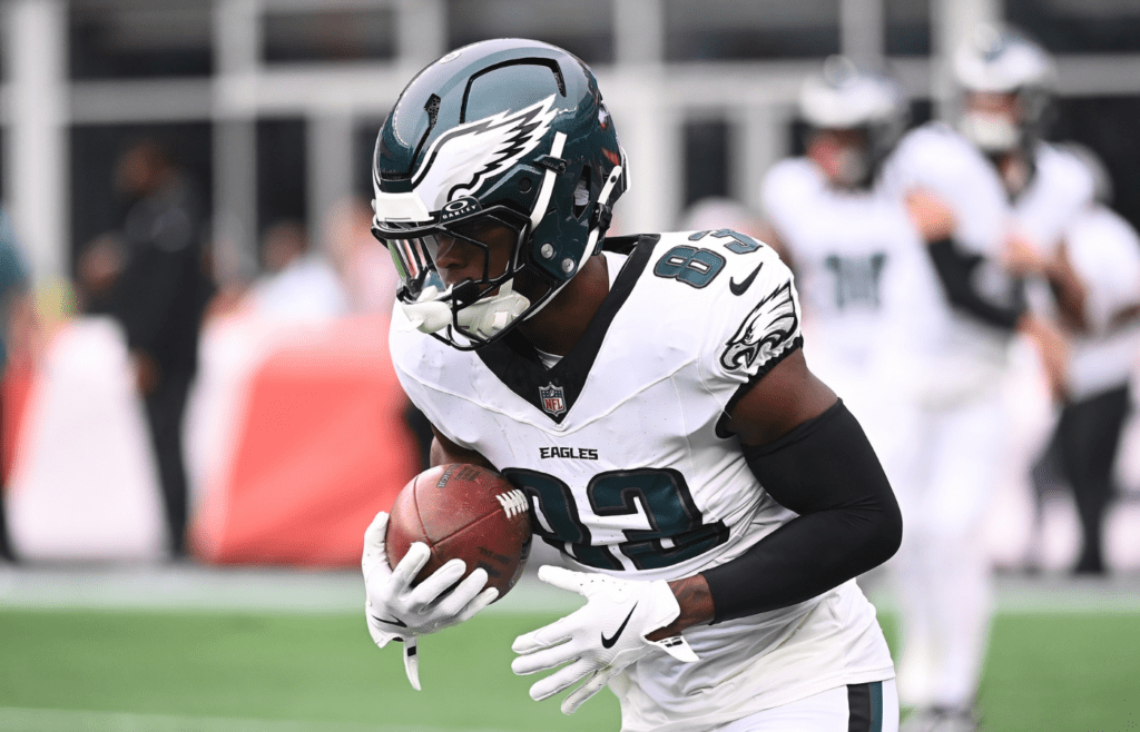 Aug 15, 2024; Foxborough, MA, USA; Philadelphia Eagles wide receiver John Ross (83) warms up before a game against the New England Patriots at Gillette Stadium. Mandatory Credit: Eric Canha-Imagn Images