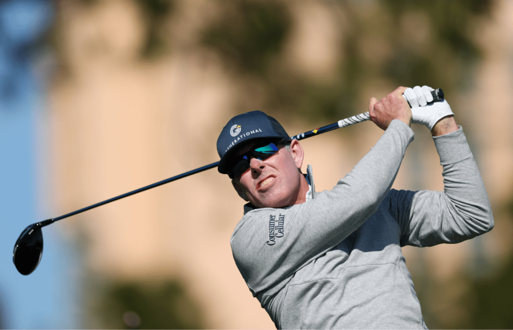 Dec 21, 2024; Orlando, Florida, [USA]; Justin Leonard hits a tees shot on the fifth hole during the PNC Championship at The Ritz-Carlton Golf Club. Mandatory Credit: Nathan Ray Seebeck-Imagn Images