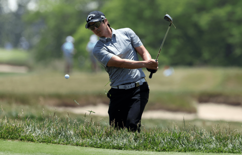 Jun 17, 2023; Los Angeles, California, USA; Ryo Ishikawa hits on the tenth hole during the third round of the U.S. Open golf tournament at Los Angeles Country Club. Mandatory Credit: Kiyoshi Mio-Imagn Images