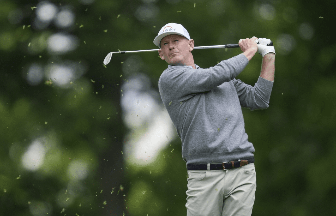 May 31, 2025; Dublin, Ohio, USA; Brandt Snedeker plays his shot from the fairway on the ninth hole during the third round of the Memorial Tournament presented by Workday golf tournament. Mandatory Credit: Aaron Doster-Imagn Images