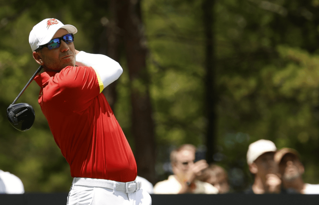 Jun 7, 2025; Gainesville, Virginia, USA; Sergio Garcia of team Fireballs GC hits a tee shot on the fifteenth hole during the second round of the LIV Golf Virginia golf tournament at Robert Trent Jones Golf Club. Mandatory Credit: Geoff Burke-Imagn Images