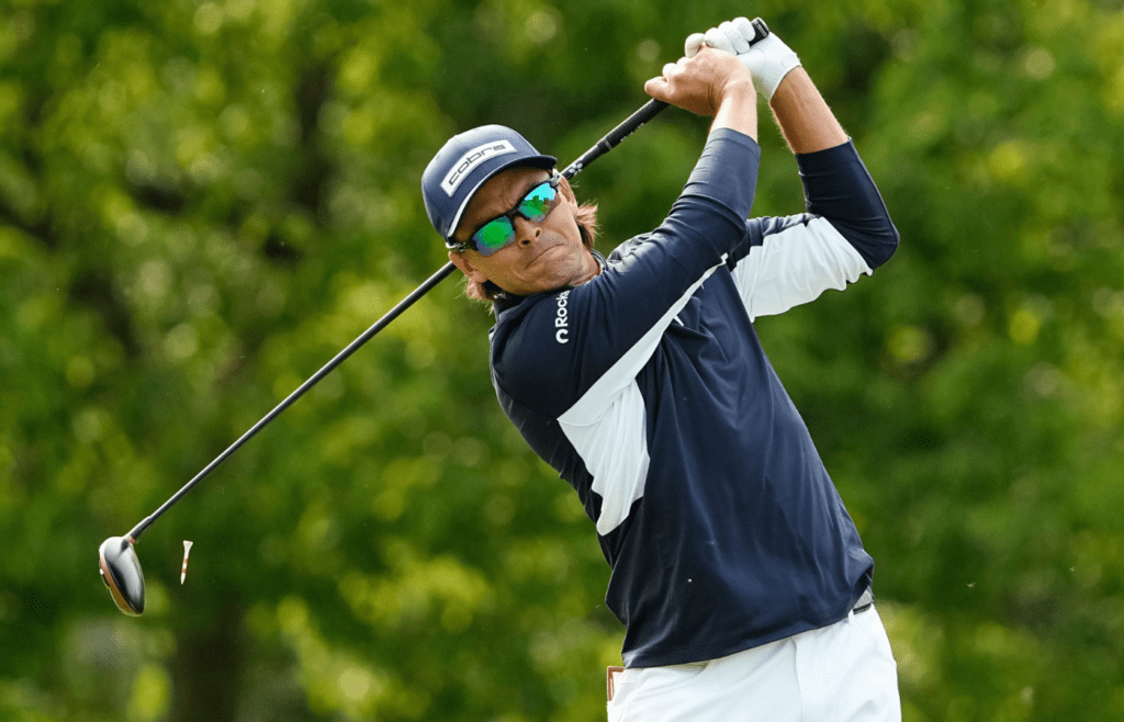 Rickie Fowler tees off on 18 during the third round of the Memorial Tournament at Muirfield Village Golf Club in Dublin on May 31, 2025.