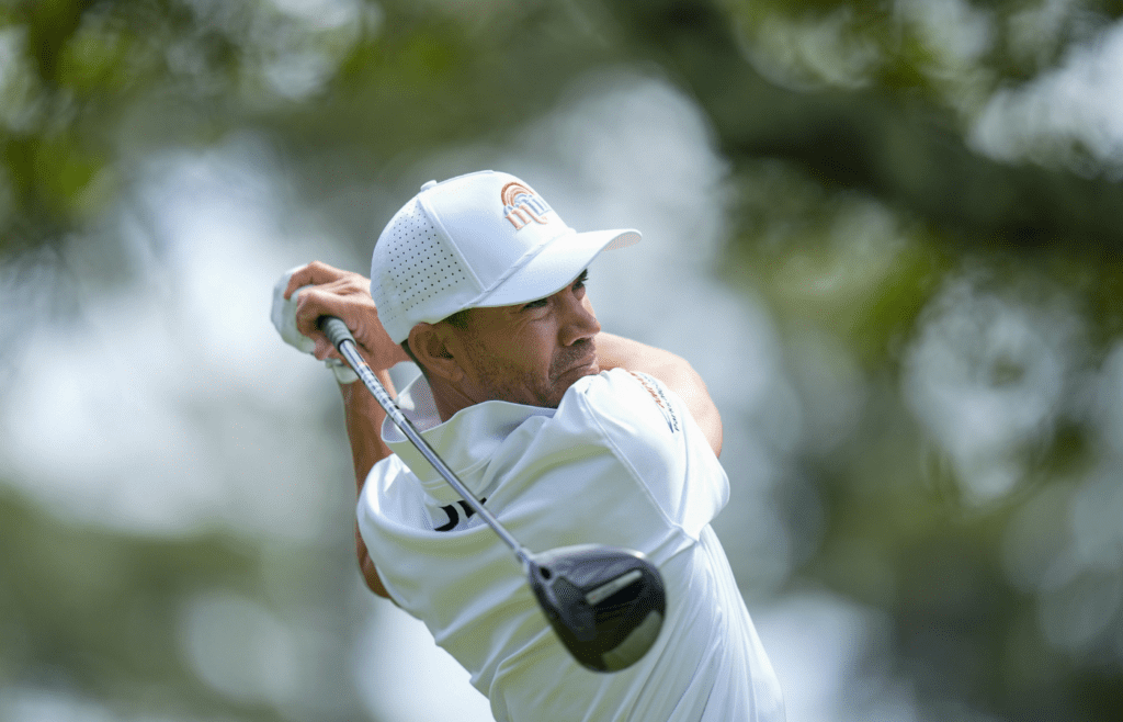 May 9, 2025; Myrtle Beach, South Carolina, USA; Camilo Villegas makes a tee shot on eight during the second round of the Myrtle Beach Classic golf tournament. Mandatory Credit: Jim Dedmon-Imagn Images
