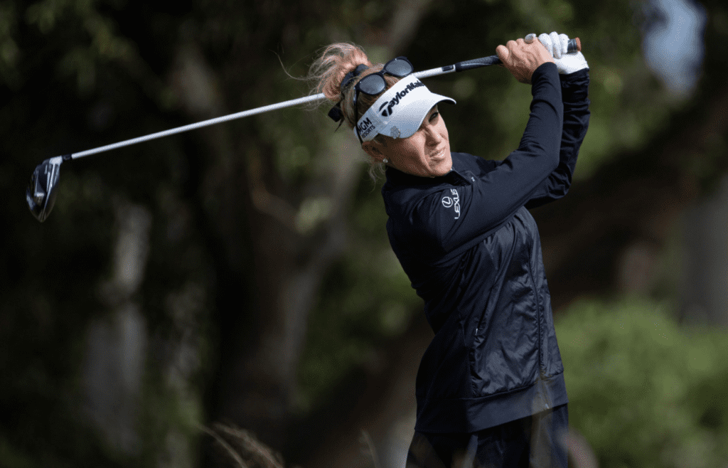 Natalie Gulbis tees off at the eighteen during the CME Group Tour Championship pro-am, Wednesday, Dec, 16, 2020, at the Tiburon Golf Club in North Naples, Florida. Cme Group Tour Championship Pro Am