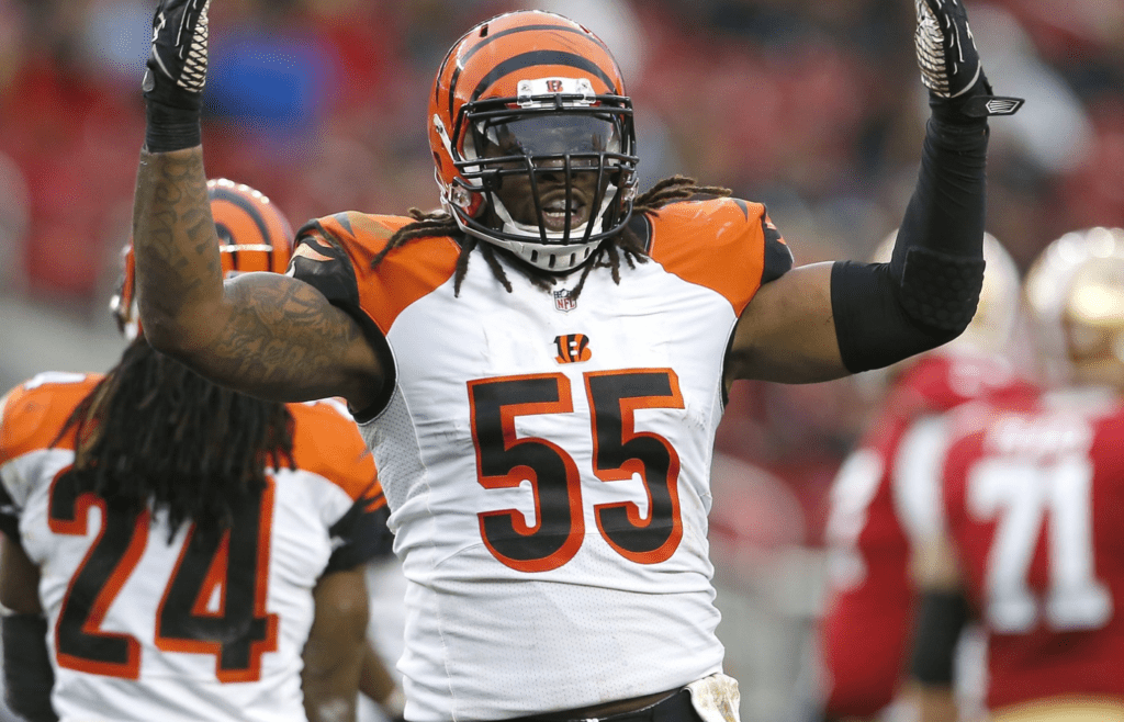 Cincinnati Bengals outside linebacker Vontaze Burfict (55) reacts to a defensive stop in the fourth quarter during the Week 15 NFL game between the Cincinnati Bengals and the San Francisco 49ers, Sunday, Dec. 20, 2015, at Levi's Stadium in Santa Clara, California. The Bengals won 24-14, improving to 11-3 on the season. 122015 Bengals 49ers