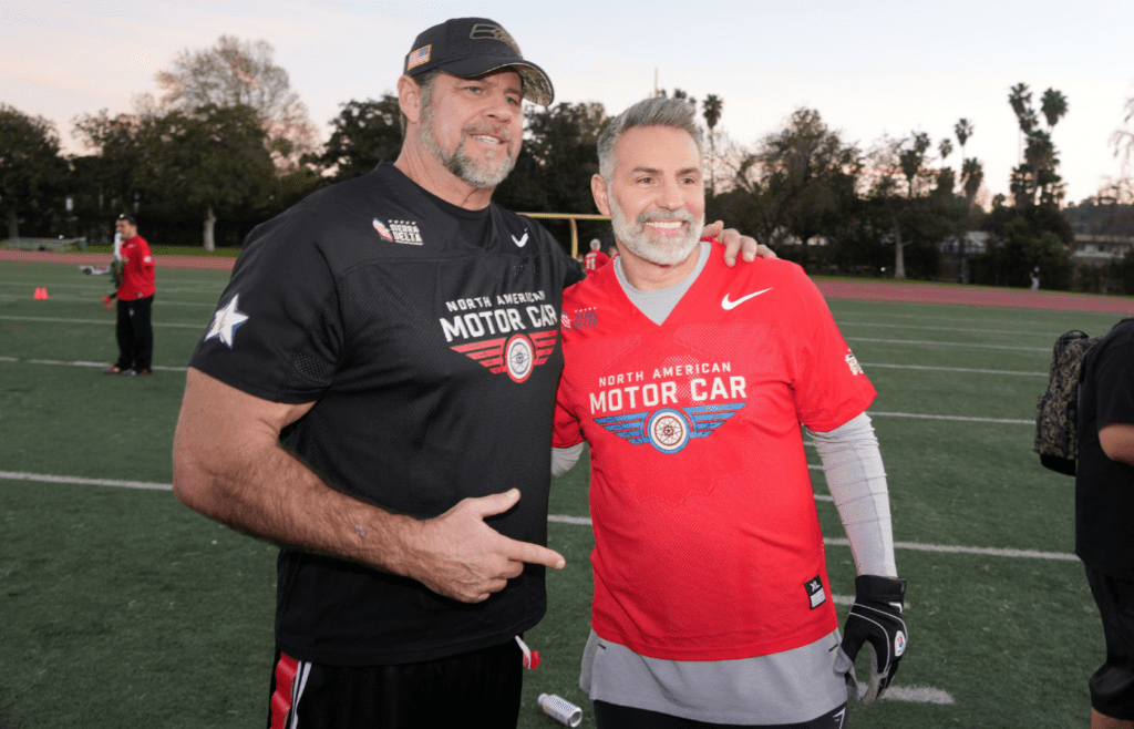 Feb 8, 2022; Los Angeles, CA, USA; Kyle Turley (left) and Kurt Warner pose during the Stars and Stripes Bowl flag football game to benefit Sierra Delta and Snoop Special Stars at Rancho Cienega Sports Complex. Mandatory Credit: Kirby Lee-Imagn Images