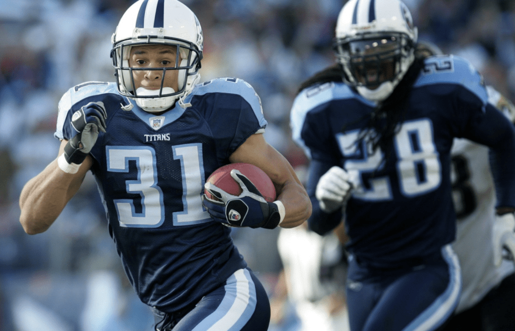 No. 12-Cortland Finnegan: Tennessee Titans cornerback Finnegan (31) races up the field with a fumble recovery for a touchdown in the third quarter against the Jacksonville Jaguars at LP Field Dec. 17, 2006. Titans Vs Jaguars