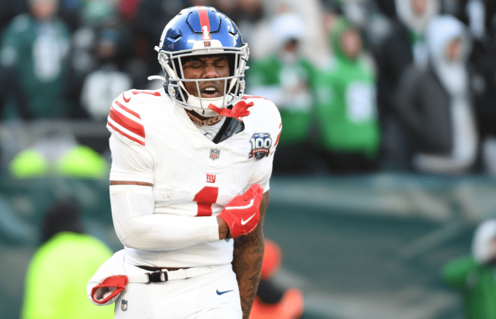 Jan 5, 2025; Philadelphia, Pennsylvania, USA; New York Giants wide receiver Malik Nabers (1) celebrates his 45-yard touchdown catch against the Philadelphia Eagles during the fourth quarter at Lincoln Financial Field. Mandatory Credit: Eric Hartline-Imagn Images