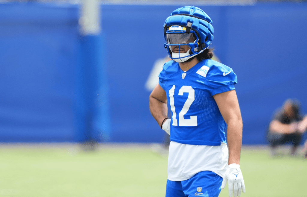 Jun 3, 2025; Woodland Hills, CA, USA; Los Angeles Rams receiver Puka Nacua (12) during organized team activities at Rams Practice Facility. Mandatory Credit: Kirby Lee-Imagn Images