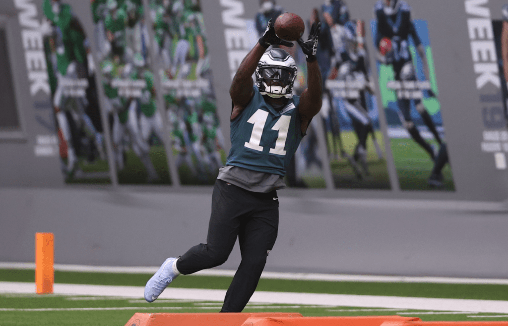 May 28, 2025; Philadelphia, PA, USA; Philadelphia Eagles wide receiver A.J. Brown (11) catches a ball during OTAs at NovaCare Complex. Mandatory Credit: Bill Streicher-Imagn Images