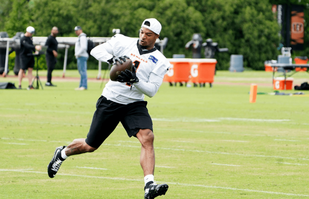Cincinnati Bengals wide receiver Ja’Marr Chase (1) runs drills during practice, Tuesday, May 6, 2025, at the Kettering Health Practice Field in Downtown Cincinnati.