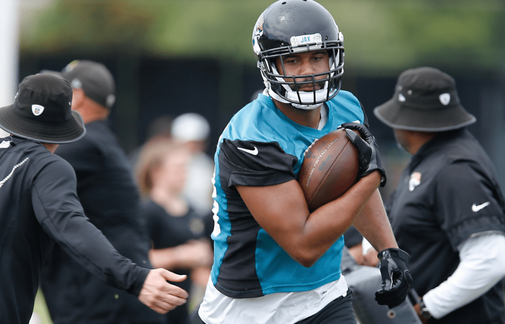 Jun 14, 2018; Jacksonville, FL, USA; Jacksonville Jaguars tight end Austin Seferian-Jenkins (88) runs the ball during mini camp at the Dream Finders Homes Practice Facility. Mandatory Credit: Reinhold Matay-Imagn Images