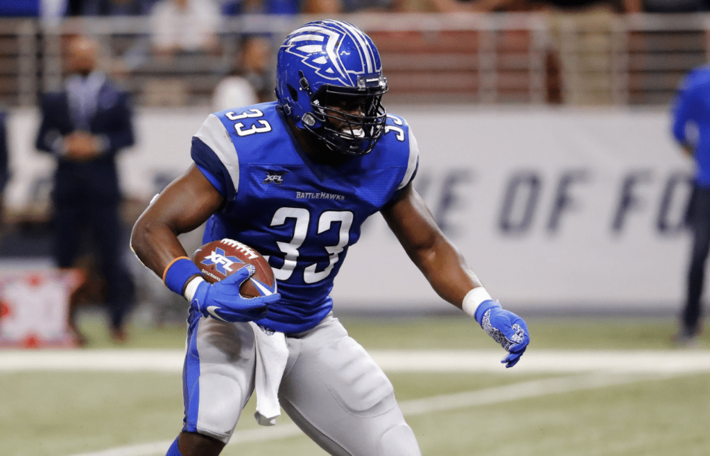 Feb 23, 2020; St. Louis, Missouri, USA; St. Louis Battlehawks running back Christine Michael (33) runs the ball during the first half of an XFL game against the NY Guardians at The Dome at America's Center. Mandatory Credit: Billy Hurst-Imagn Images