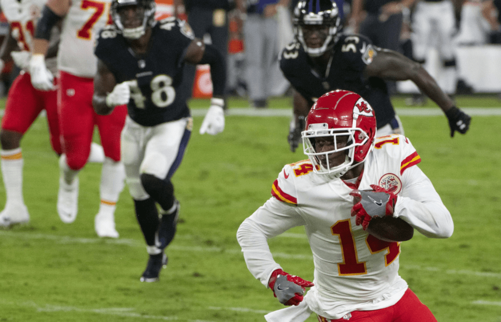 Sep 28, 2020; Baltimore, Maryland, USA; Kansas City Chiefs wide receiver Sammy Watkins (14) runs after the catch during the first half against the Baltimore Ravens at M&T Bank Stadium. Mandatory Credit: Tommy Gilligan-Imagn Images