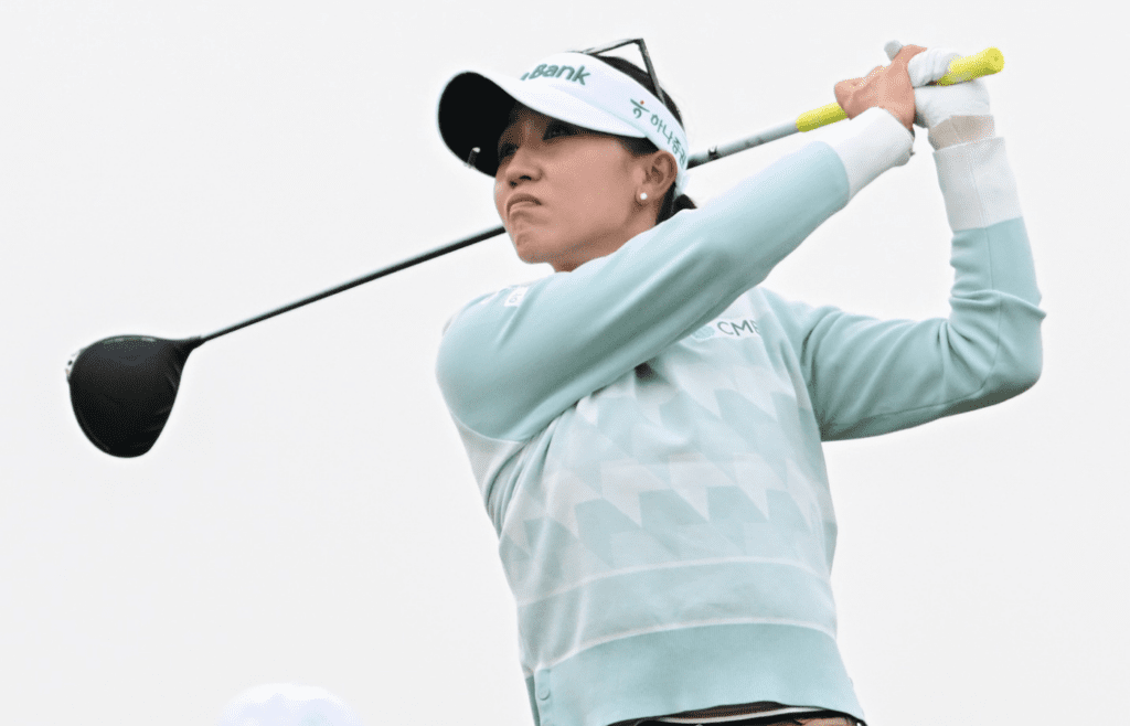 May 29, 2025; Erin, Wisconsin, USA; Lydia Ko tees off on the 10th hole during the first round of the U.S. Women's Open golf tournament. Mandatory Credit: Benny Sieu-Imagn Images