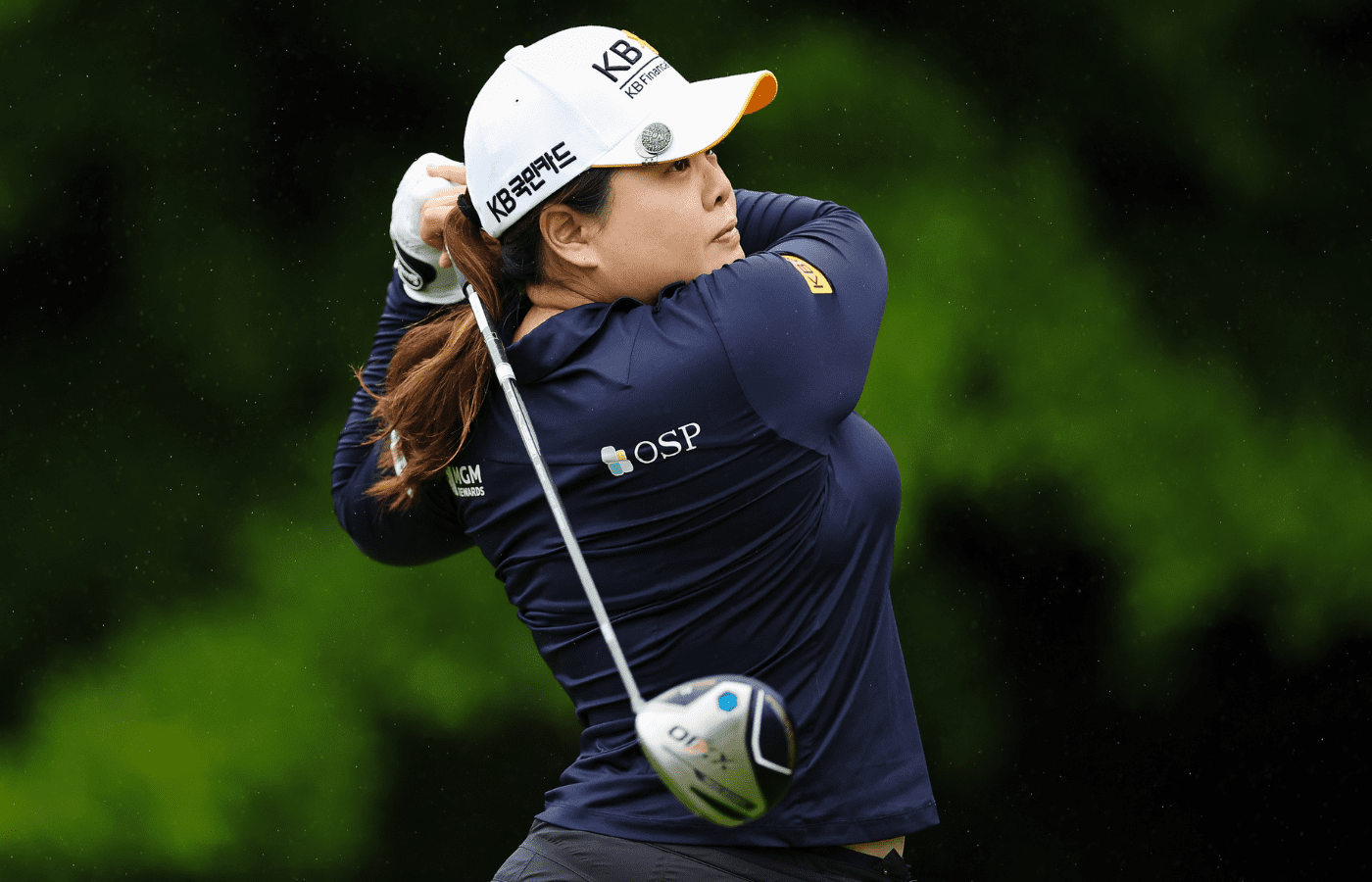 Jun 23, 2022; Bethesda, Maryland, USA; Inbee Park plays her shot from the 11th tee during the first round of the KPMG Women's PGA Championship golf tournament at Congressional Country Club. Mandatory Credit: Scott Taetsch-Imagn Images