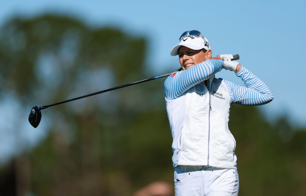Dec 22, 2024; Orlando, Florida, [USA]; Annika Sorenstam tees off on the second hole during the PNC Championship at The Ritz-Carlton Golf Club. Mandatory Credit: Nathan Ray Seebeck-Imagn Images