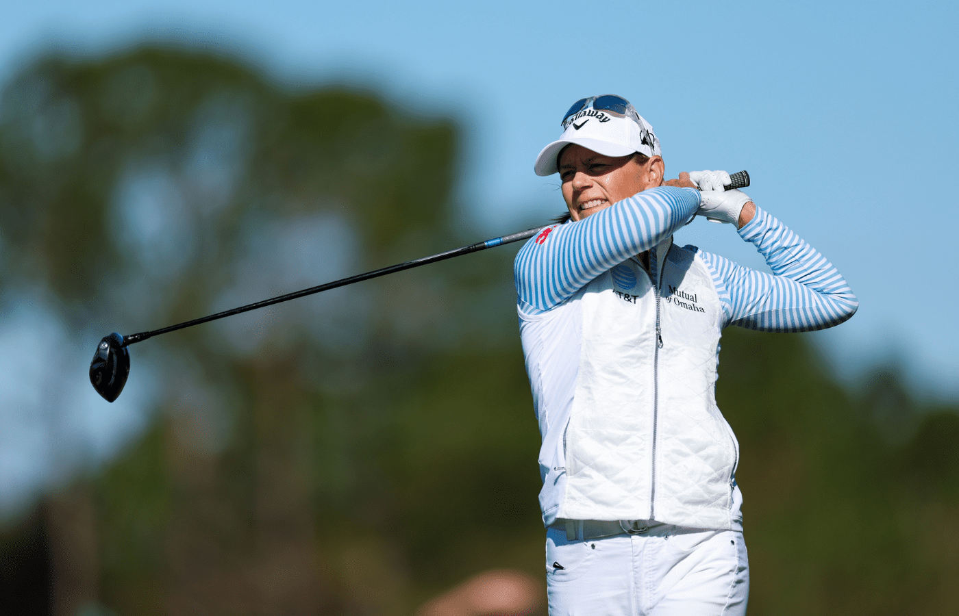 Dec 22, 2024; Orlando, Florida, [USA]; Annika Sorenstam tees off on the second hole during the PNC Championship at The Ritz-Carlton Golf Club. Mandatory Credit: Nathan Ray Seebeck-Imagn Images