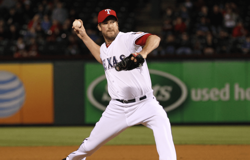 May 3, 2013; Arlington, TX, USA; Texas Rangers relief pitcher Derek Lowe (55) throws to the Boston Red Sox during the ninth inning at the Rangers Ballpark in Arlington. The Rangers won 7-0. Mandatory Credit: Jim Cowsert-Imagn Images