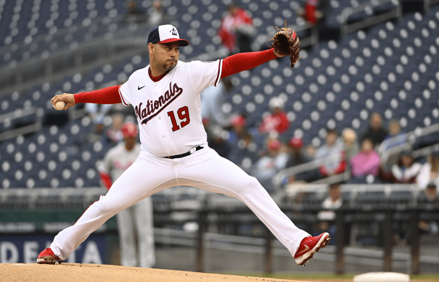 Oct 1, 2022; Washington, District of Columbia, USA; Washington Nationals starting pitcher Anibal Sanchez (19) throws to the Philadelphia Phillies during the first inning at Nationals Park. Mandatory Credit: Brad Mills-Imagn Images