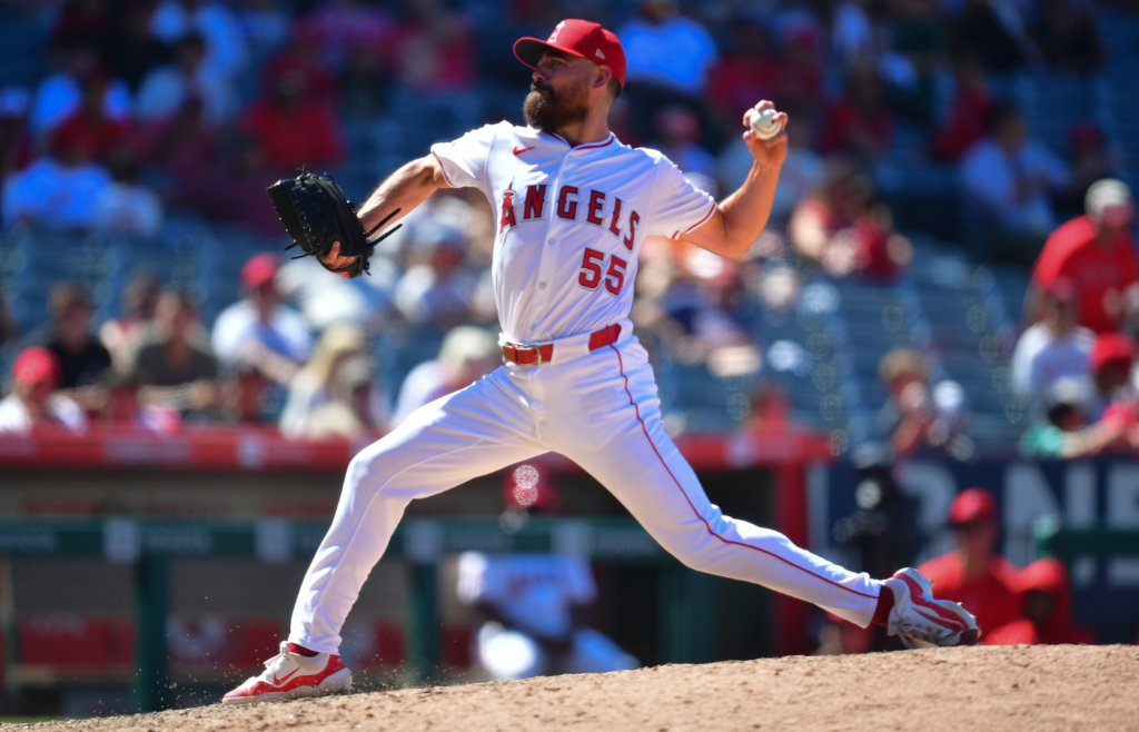Jun 27, 2024; Anaheim, California, USA; Los Angeles Angels pitcher Matt Moore (55) throws against the Detroit Tigers during the seventh inning at Angel Stadium. Mandatory Credit: Gary A. Vasquez-Imagn Images