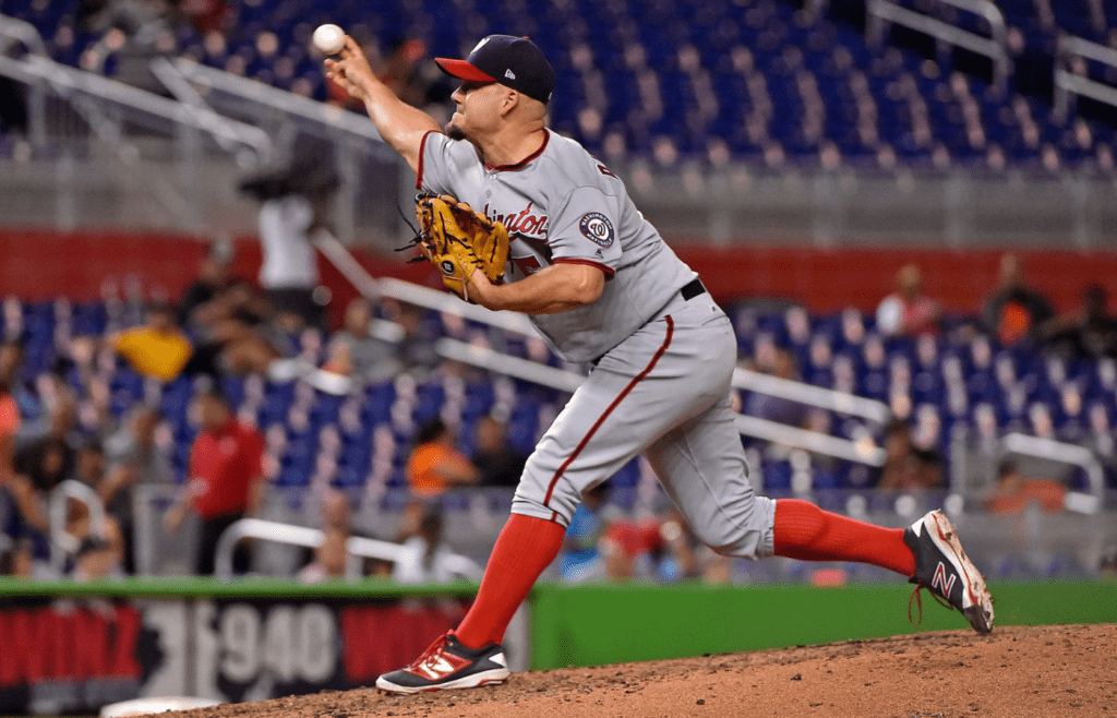 Sep 6, 2017; Miami, FL, USA; Washington Nationals relief pitcher Joe Blanton (56) delivers a pitch in the sixth inning against the Miami Marlins at Marlins Park. Mandatory Credit: Jasen Vinlove-Imagn Images