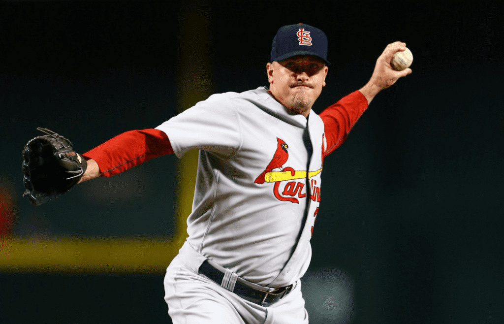 Aug 27, 2015; Phoenix, AZ, USA; St. Louis Cardinals pitcher Randy Choate against the Arizona Diamondbacks at Chase Field. Mandatory Credit: Mark J. Rebilas-Imagn Images