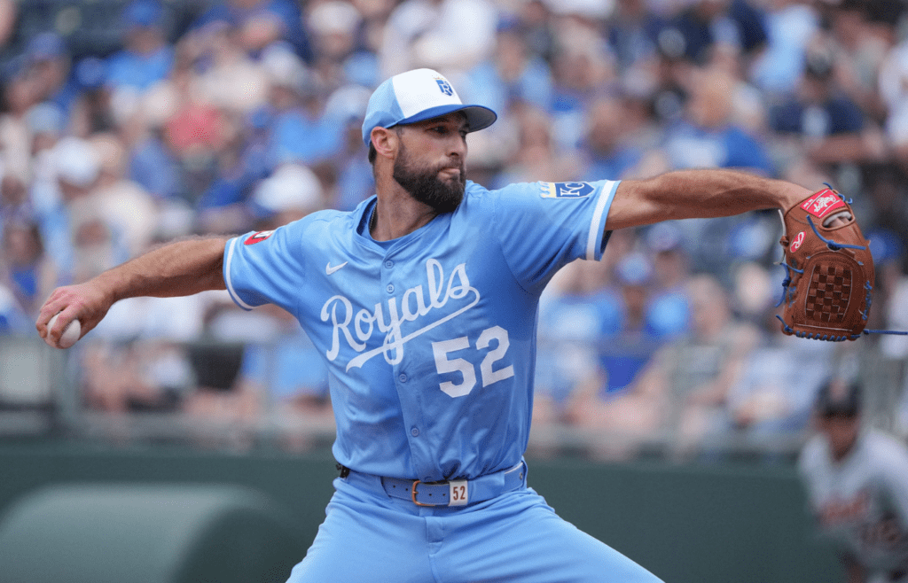 May 31, 2025; Kansas City, Missouri, USA; Kansas City Royals starting pitcher Michael Wacha (52) delivers a pitch against the Detroit Tigers in the first inning at Kauffman Stadium. Mandatory Credit: Denny Medley-Imagn Images