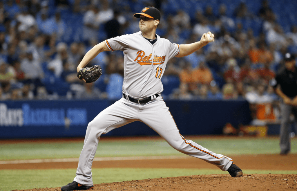 Apr 25, 2016; St. Petersburg, FL, USA; Baltimore Orioles relief pitcher Brian Matusz (17) throws a pitch during the sixth inning against the Tampa Bay Rays at Tropicana Field. Tampa Bay Rays defeated the Baltimore Orioles 2-0. Mandatory Credit: Kim Klement-Imagn Images