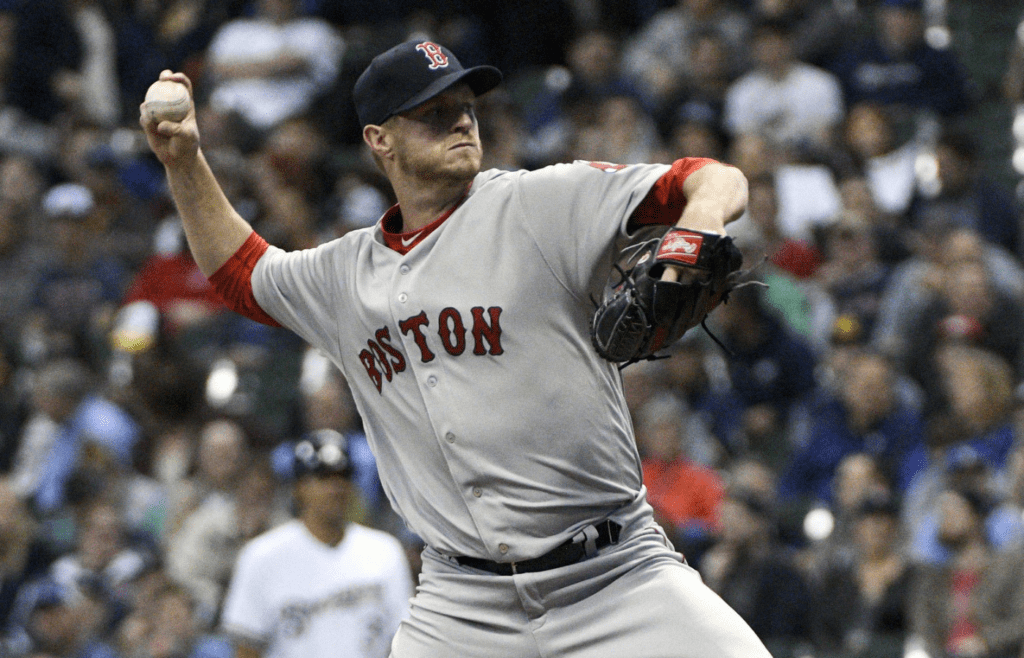 May 10, 2017; Milwaukee, WI, USA; Boston Red Sox pitcher Kyle Kendrick (25) pitches in the first inning against the Milwaukee Brewers at Miller Park. Mandatory Credit: Benny Sieu-Imagn Images