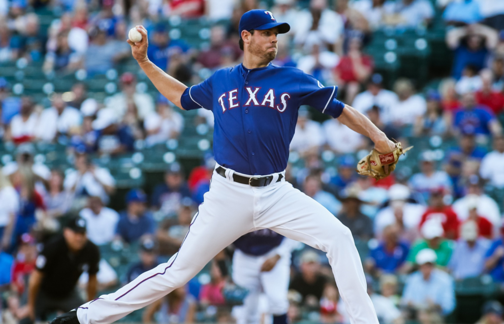 May 23, 2018; Arlington, TX, USA; Texas Rangers starting pitcher Doug Fister (38) delivers to the plate in the first inning against the New York Yankees at Globe Life Park in Arlington. Mandatory Credit: Ray Carlin-Imagn Images