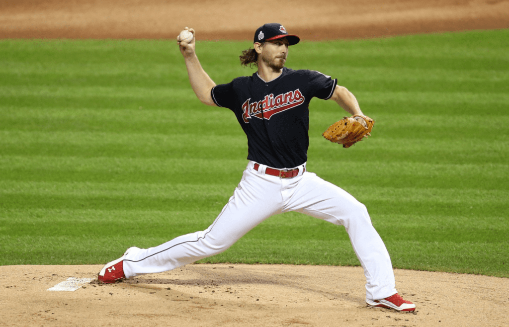 Nov 1, 2016; Cleveland, OH, USA; Cleveland Indians starting pitcher Josh Tomlin throws a pitch against the Chicago Cubs in the first inning in game six of the 2016 World Series at Progressive Field. Mandatory Credit: Charles LeClaire-Imagn Images