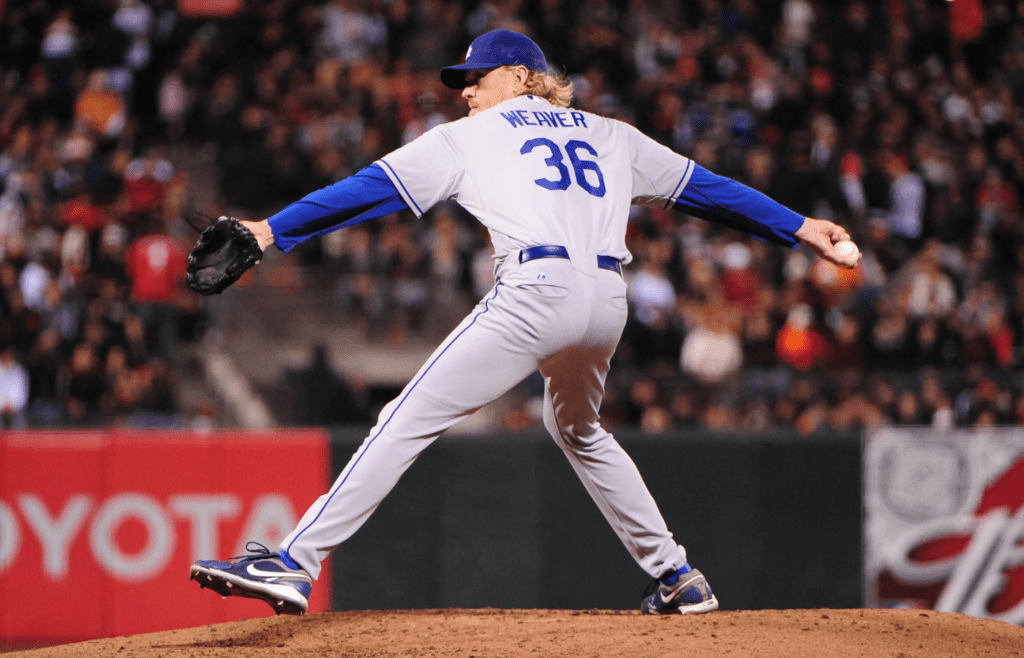 September 16, 2010; San Francisco, CA, USA; Los Angeles Dodgers relief pitcher Jeff Weaver (36) delivers a pitch during the fourth inning against the San Francisco Giants at AT&T Park. The Giants defeated the Dodgers 10-2. Mandatory Credit: Kyle Terada-Imagn Images