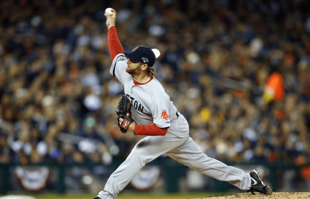 Oct 16, 2013; Detroit, MI, USA; Boston Red Sox starting pitcher Ryan Dempster (46) throws Detroit Tigers during the sixth inning in game four of the American League Championship Series baseball game at Comerica Park. Mandatory Credit: Rick Osentoski-Imagn Images