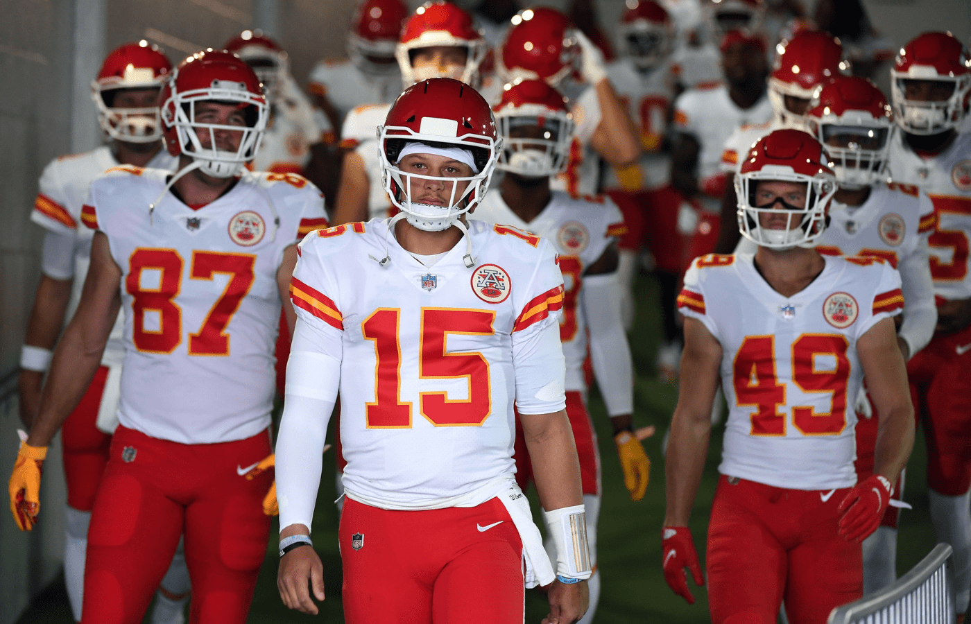 Oct 24, 2021; Nashville, Tennessee, USA; Kansas City Chiefs quarterback Patrick Mahomes (15) leads the team to the field before the game against the Tennessee Titans at Nissan Stadium. Mandatory Credit: Christopher Hanewinckel-Imagn Images