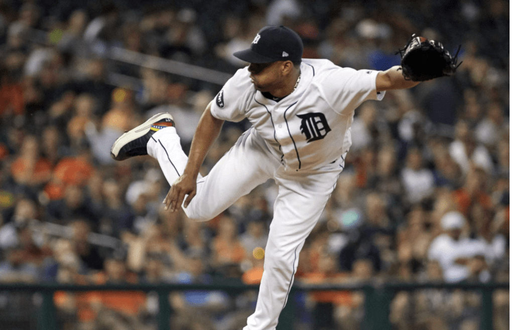 Jun 15, 2017; Detroit, MI, USA; Detroit Tigers relief pitcher Francisco Rodriguez (57) pitches in the eighth inning against the Tampa Bay Rays at Comerica Park. Mandatory Credit: Rick Osentoski-Imagn Images