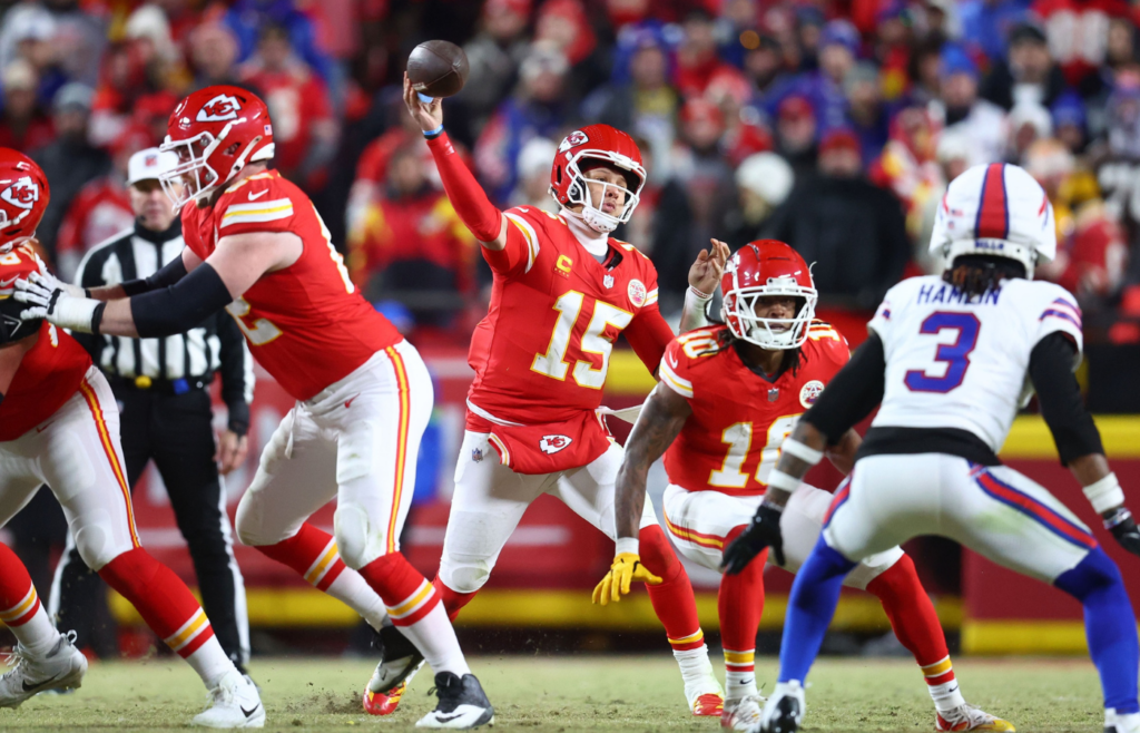 Jan 26, 2025; Kansas City, MO, USA; Kansas City Chiefs quarterback Patrick Mahomes (15) throws a pass against the Buffalo Bills during the first half in the AFC Championship game at GEHA Field at Arrowhead Stadium. Mandatory Credit: Mark J. Rebilas-Imagn Images