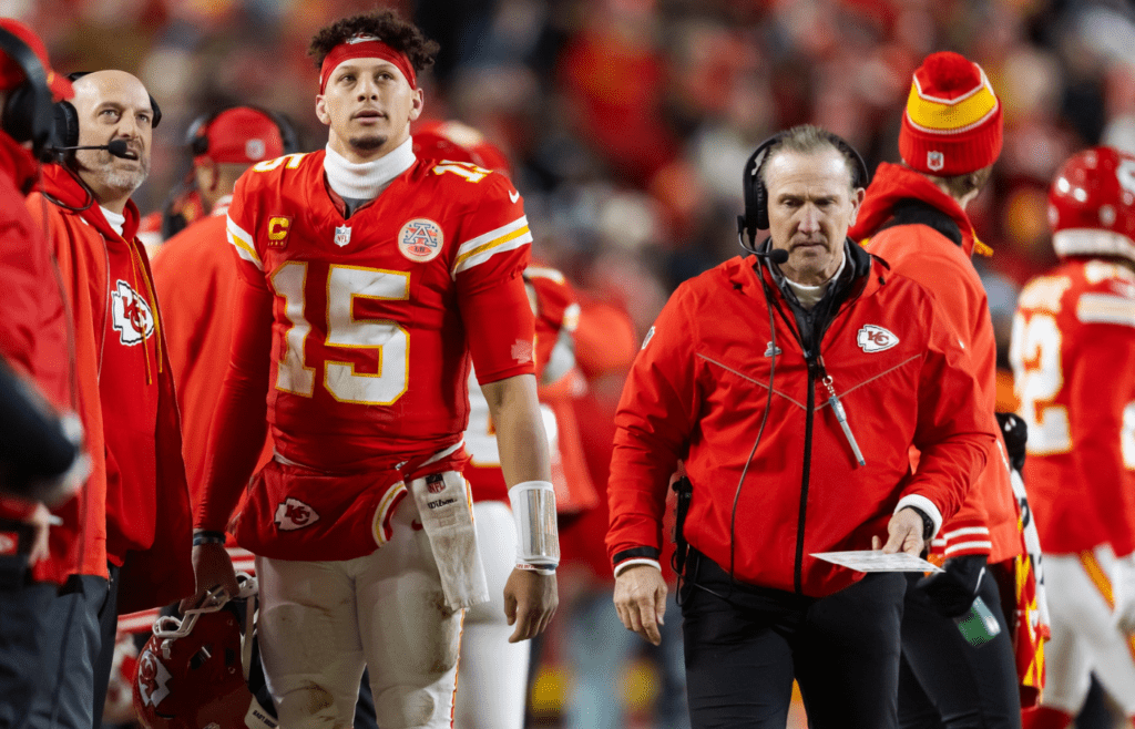 Jan 26, 2025; Kansas City, MO, USA; Kansas City Chiefs quarterback Patrick Mahomes (15) alongside defensive coordinator Steve Spagnuolo against the Buffalo Bills during the AFC Championship game at GEHA Field at Arrowhead Stadium. Mandatory Credit: Mark J. Rebilas-Imagn Images