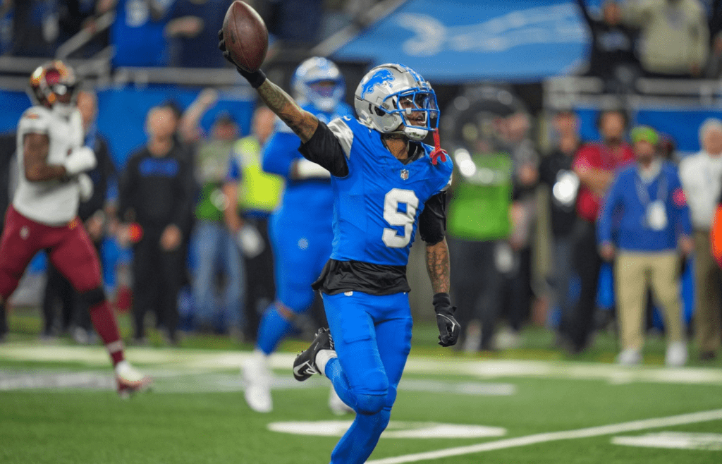 Detroit Lions wide receiver Jameson Williams celebrates as he finishes off his touchdown run on a reverse in the first half against the Washington Commanders in the NFC divisional round at Ford Field in Detroit on Saturday, Jan. 18, 2025.